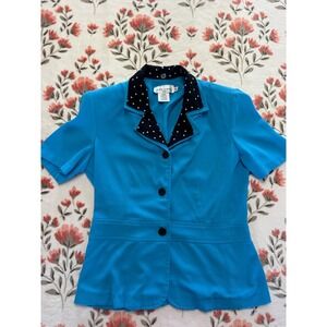 Miss Dorby Womens Blue Polka Dot Collar Padded Shoulder Short Sleeve Top Size 8